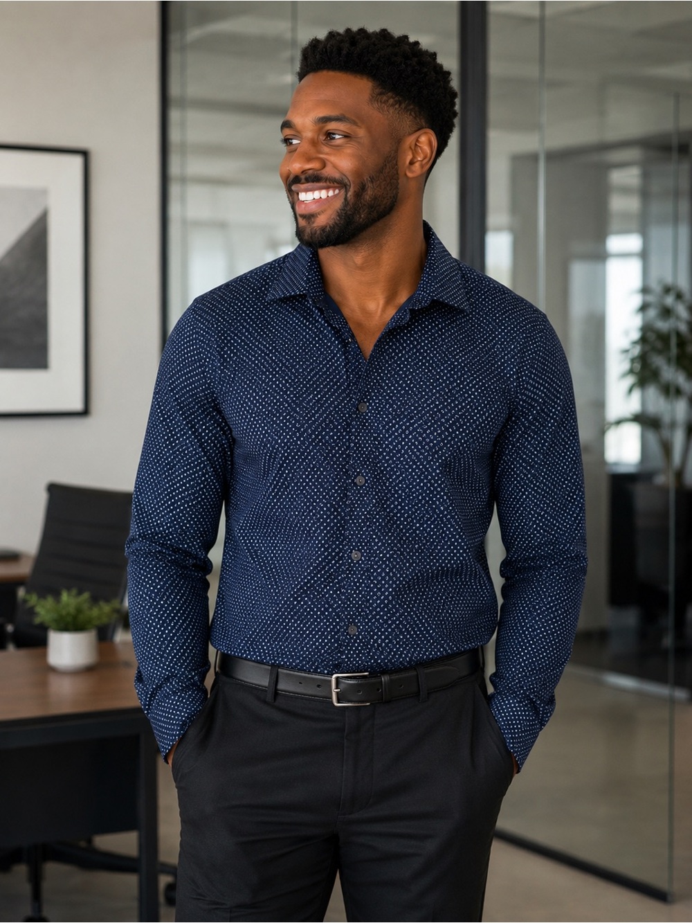 Apt. 9 Premier Flex Men’s Slim Fit Navy Print Button-Up Shirt – 16 32/33